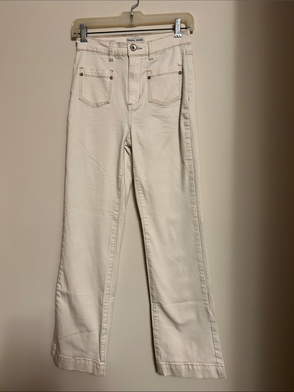 Tribal High-Rise Mico-flare cream color with brown stitch jeans size 2 like new